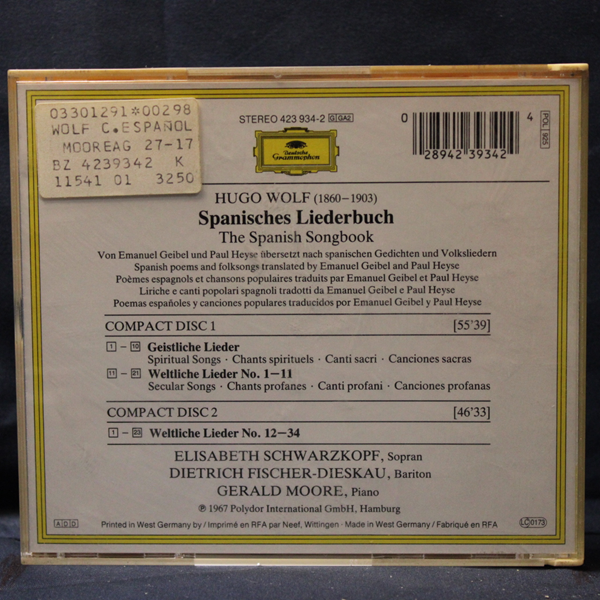 HUGO WOLF , ELISABETH SCHWARZKOPF , DIETRICH FISCHER-DIESKAU , GERALD MOORE – SPANISH SONGBOOK - 2 CD - Imagen 2