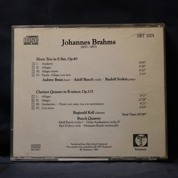JOHANNES BRAHMS, REGINALD KELL, RUDOLF SERKIN, THE BUSCH QUARTET, AUBREY BRAIN – HORN TRIO & CLARINET QUINTET - CD - Imagen 2