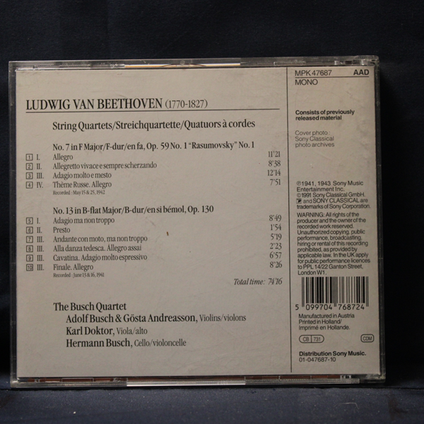 BEETHOVEN, THE BUSCH QUARTET – QUARTETS: NO. 7 OP. 59, NO. 1 "RAZOUMOVSKY" • NO. 13 OP. 130 - CD - Imagen 2