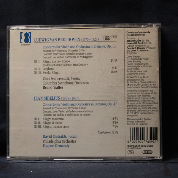 BEETHOVEN, SIBELIUS - ZINO FRANCESCATTI, DAVID OISTRAKH, BRUNO WALTER, EUGENE ORMANDY – VIOLIN CONCERTOS - CD - Imagen 2