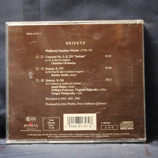 HEIFETZ - MOZART - PIATIGORSKY, PRIMROSE – CONCERTO NO.5, SONATA K.378, QUINTET K.516 - CD - Imagen 2