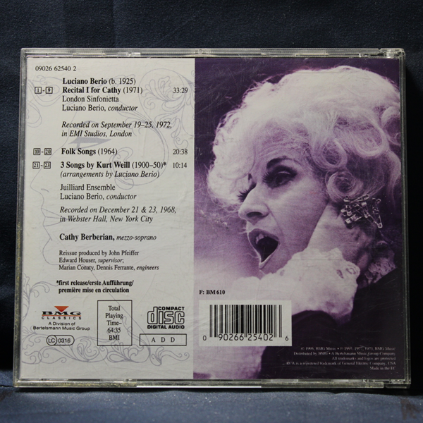 LUCIANO BERIO - CATHY BERBERIAN, WEILL – RECITAL 1 FOR CATHY / FOLK SONGS / WEILL-BERIO : SONGS - CD - Imagen 2