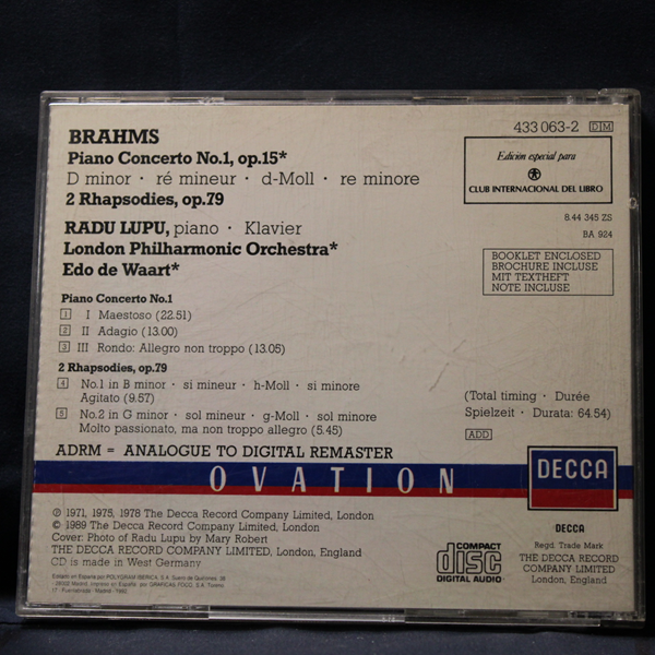 BRAHMS, RADU LUPU, LONDON PHILHARMONIC ORCHESTRA, EDO DE WAART – PIANO CONCERTO NO.1 / 2 RHAPSODIES - CD - Imagen 2