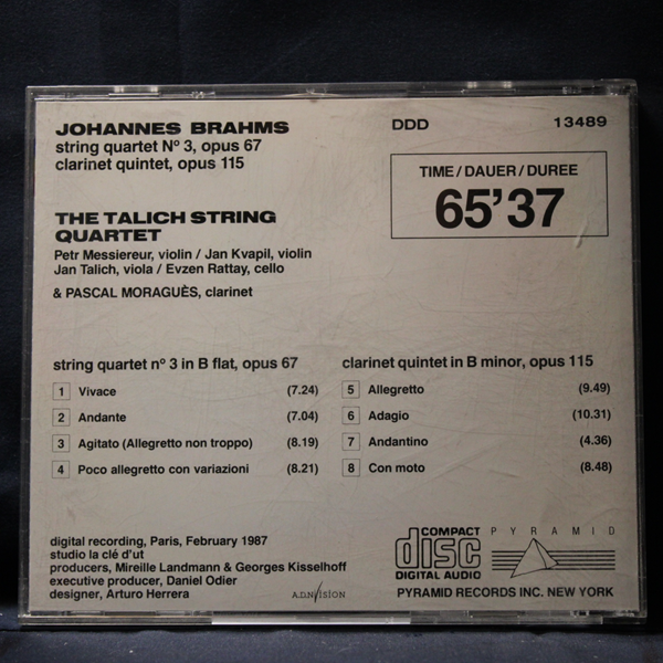 BRAHMS, THE TALICH STRING QUARTET, PASCAL MORAGUÈS – QUARTET N° 3 / CLARINET QUINTET - CD - Imagen 2