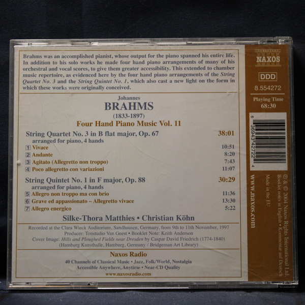 BRAHMS - CHRISTIAN KÖHN, SILKE-THORA MATTHIES – FOUR HAND PIANO MUSIC VOL. 11 - STRING QUARTET NO. 3, STRING QUINTET NO. 1 - CD - Imagen 2