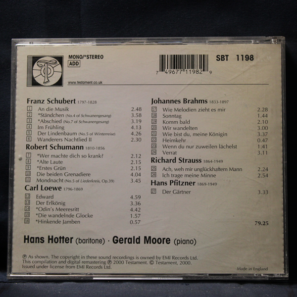 HANS HOTTER, GERALD MOORE – LIEDER RECITAL - SHUBERT . SCHUMANN . LOEWE . BRAHMS . STRAUSS . PFITZNER - CD - Imagen 2
