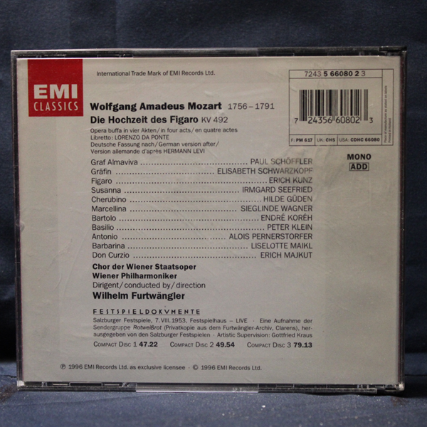WOLFGANG AMADEUS MOZART, WILHELM FURTWÄNGLER, ELISABETH SCHWARZKOPF – DIE HOCHZEIT DES FIGARO - 3 CD - Imagen 2