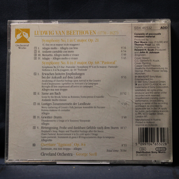 BEETHOVEN, CLEVELAND ORCHESTRA, GEORGE SZELL – SYMPHONY NO. 1, SYMPHONY NO. 6 "PASTORAL", "EGMONT" OVERTURE - CD - Imagen 2